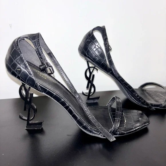 Saint Laurent Black Croc-Embossed YSL Logo Heel Sandal - Picture 2 of 4
